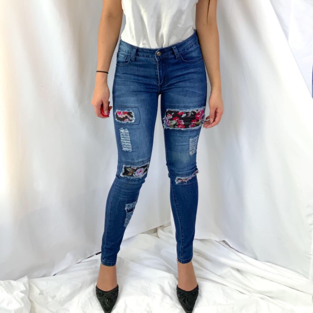 Denim floral patchwork skinny jeans